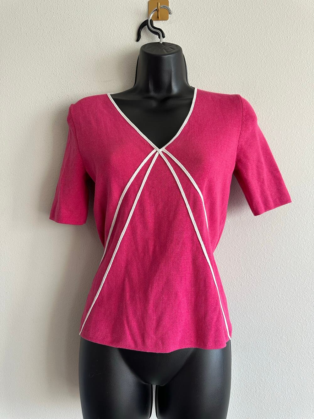 Vintage 90s Silk Blend Pink Knit Short Sleeve Top | Contrast Trim V-Neck